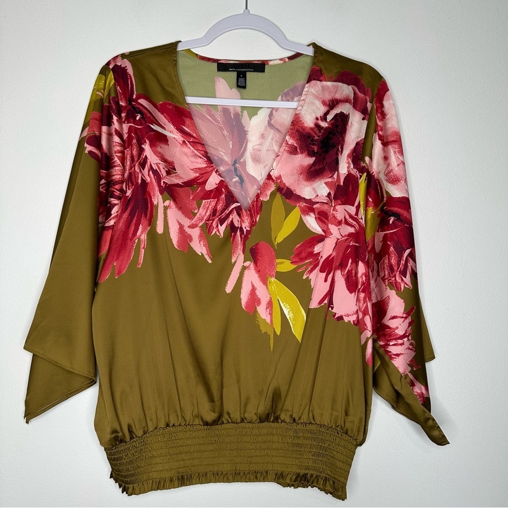 White House Black‎ Market Kimono Sleeve Blouse Olive Floral Large